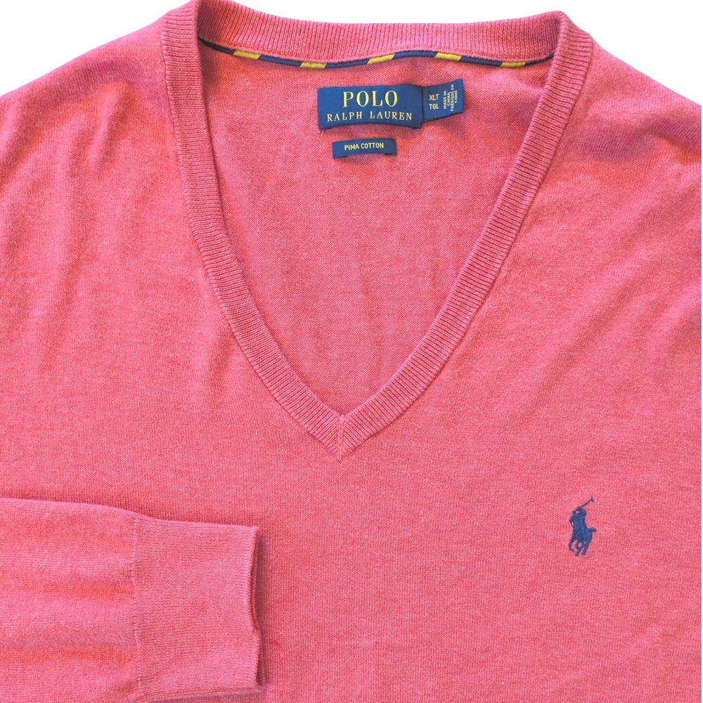 Polo Ralph Lauren Mens XLT Pink Pima Cotton V-Neck Sweater Tall Pony Logo Preppy